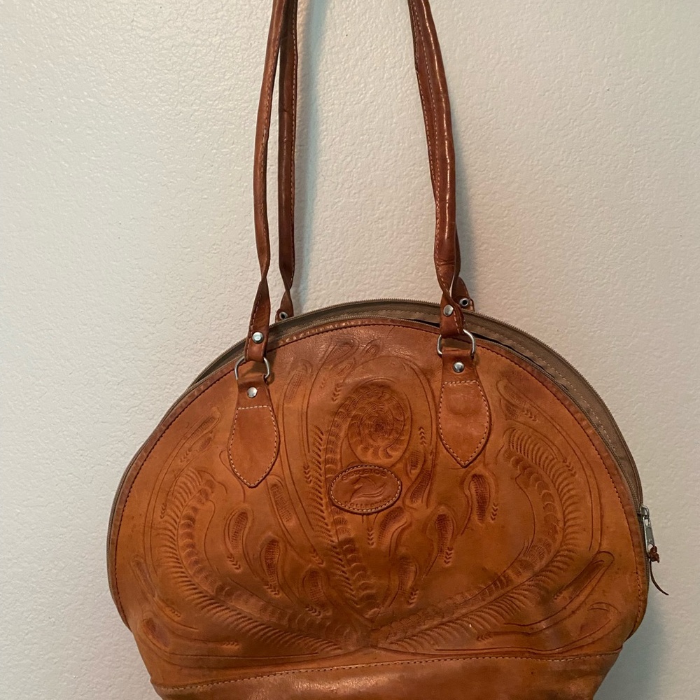 Tan Embossed Leather Shoulder Bag with Dome Shape